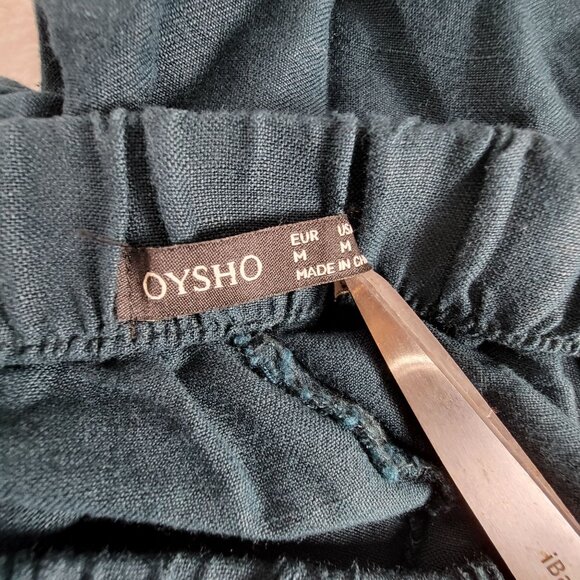 Oysho Womens High Rise Elastic Waist Linen Straight Leg Crop Pants Medium Teal - Picture 3 of 10